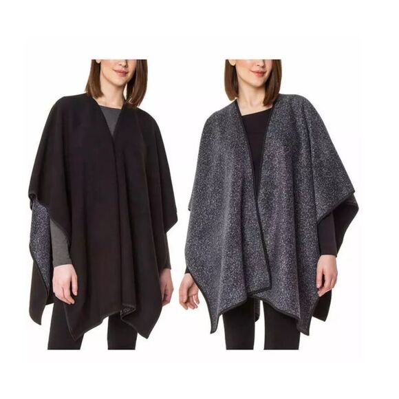 IKE BEHAR Reversible Gray Speckled Super Soft Fleece Poncho Shrug One Size - Picture 1 of 6